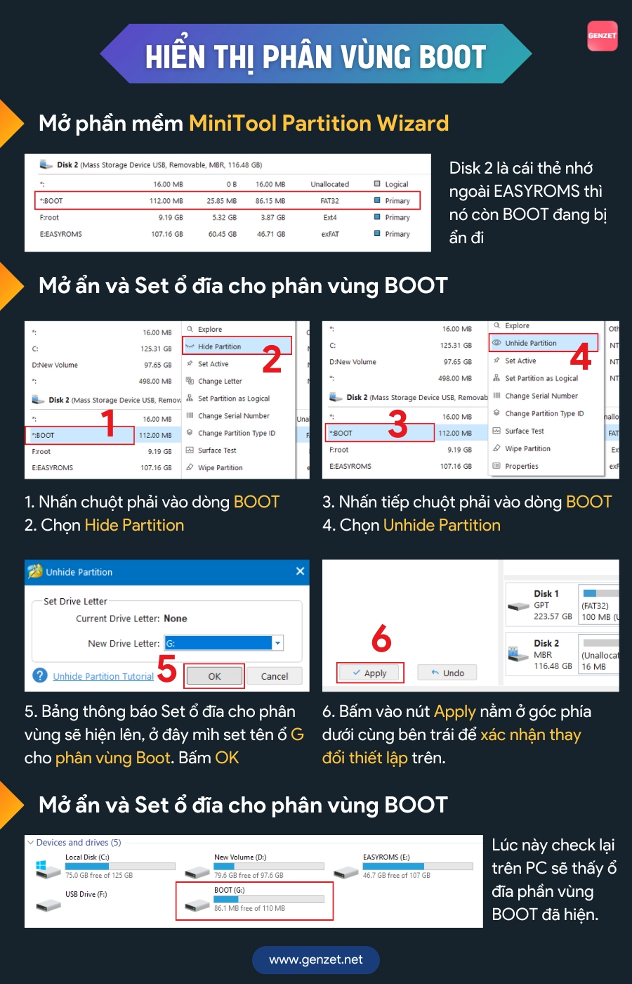 Hiển thị phân vùng Boot và đặt tên Ổ đĩa cho phân vùng